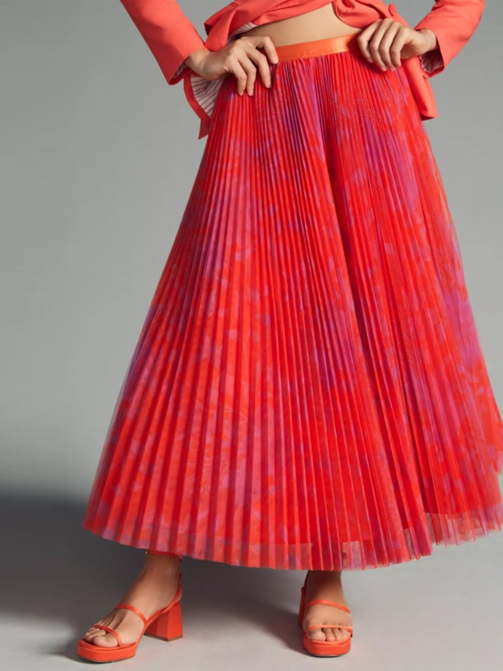 NEW Anthropologie Hutch Pleated Tulle Midi Maxi Skirt M Red Orange Motif $178